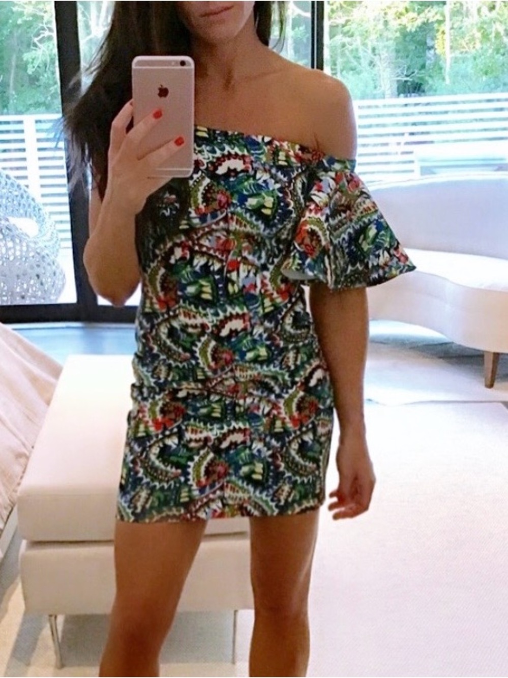 Saloni multi colored shoulder mini dress with ruffled sleeve
